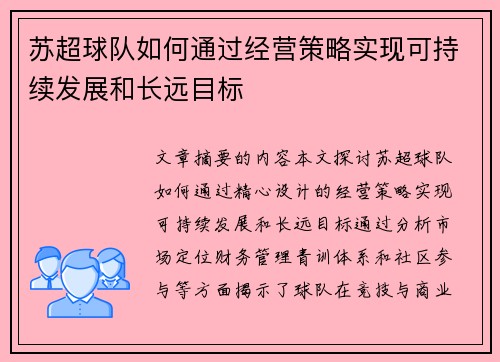 苏超球队如何通过经营策略实现可持续发展和长远目标