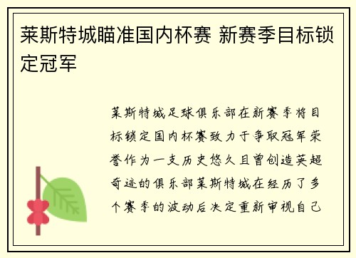 莱斯特城瞄准国内杯赛 新赛季目标锁定冠军